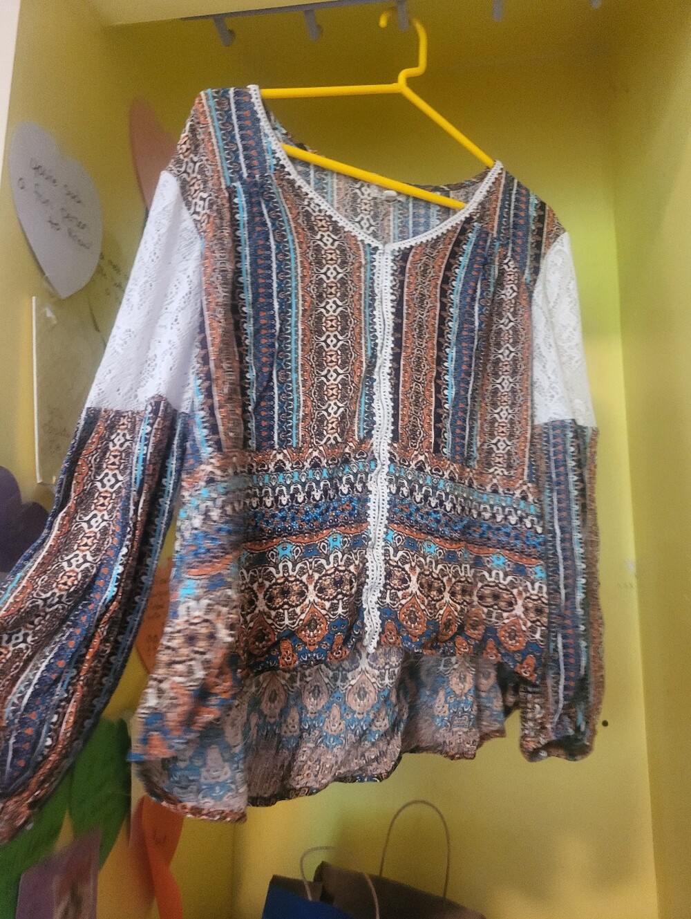 Bohemian Printed Long-Sleeve Blouse with Lace Trim - Blue & Brown - Picture 2 of 6